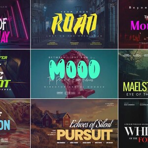 以下が含まれることがあります： 「Rhythm of the Runway」、「Road」、「Mount Hills」、「Lost in the Moment」、「Mood」、「Maelstrom」、「A Tail of Devotion」、「Echoes of Silent Pursuit」、「Whisper of the Forgotten」などのタイトルが書かれた映画ポスターのコレクション。