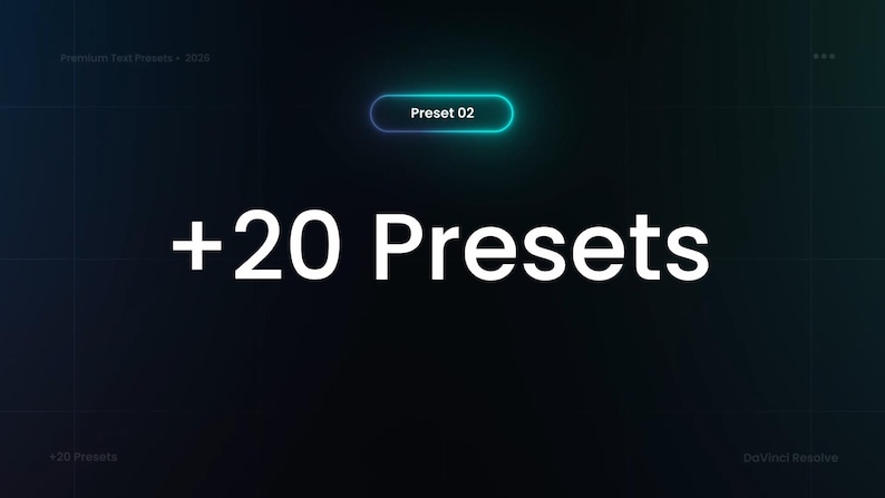 Peut inclure: Fond bleu fonc&eacute; avec le texte &laquo;&nbsp;+20 Presets&nbsp;&raquo; en grandes lettres blanches. Au-dessus du texte se trouve un rectangle arrondi avec le texte &laquo;&nbsp;Preset 02&nbsp;&raquo; en blanc. Les mots &laquo;&nbsp;Premium Text Presets - 2020&nbsp;&raquo; sont dans le coin sup&eacute;rieur gauche.