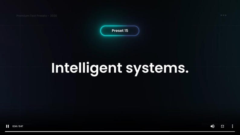 Peut inclure: &Eacute;cran bleu fonc&eacute; avec le texte blanc &laquo;&nbsp;Intelligent systems.&nbsp;&raquo;. Au-dessus du texte, un bouton avec &laquo;&nbsp;Preset 15&nbsp;&raquo; et un contour turquoise. Les mots &laquo;&nbsp;Premium Text Presets - 2020&nbsp;&raquo; sont dans le coin sup&eacute;rieur gauche.