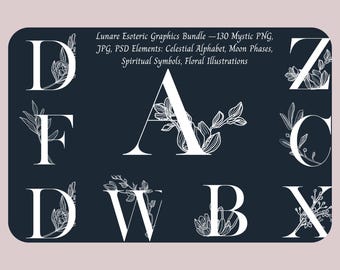 Mystic Graphics Bundle: Celestial Alphabet, Moon Phases, Floral Illustrations (PNG, JPG, PSD