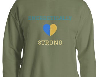 Energetically Strong Sweatshirt – Support Ukraine Black Crewneck, Blue Yellow Heart, Unisex Inspirational Pullover