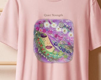 Quiet Strength Organic T-Shirt – Unisex Ribbed Neck Tee with Floral Art