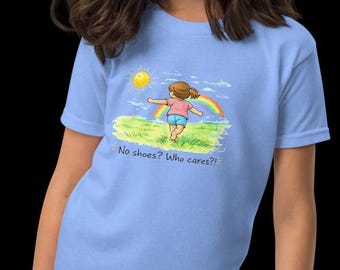 Youth t-shirt “No Shoes? Who Cares!” – Sensory Friendly Funny Quote Shirt. 6 color options