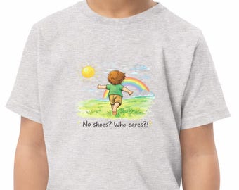 Kids T-Shirt “No Shoes? Who Cares!” – Sensory Friendly Funny Quote Shirt. 3 color options