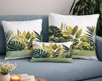 Tropical Botanical Throw Pillow Cover | Green Leaf Accent Cushion | Modern Plant Decor| Monstera Palm Living Room Decor | 18x18 22x22 20x12