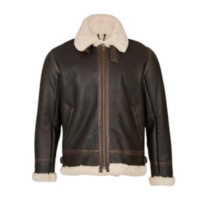 Mens Classic Shearling Aviator Leather Jacket Brown Sheepskin Flight Jacket Warm Winter Outerwear for Men Gift for Men&#39;s Gift for Him