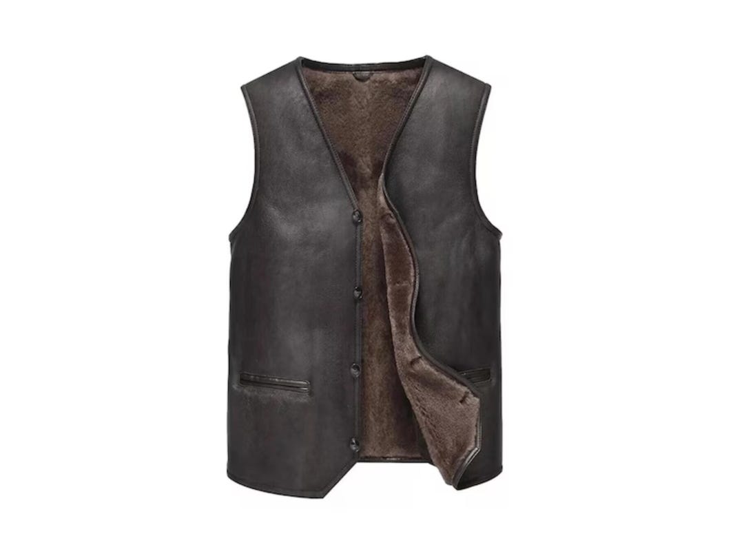 Mens Distressed Dark Brown Leather Shearling Vest