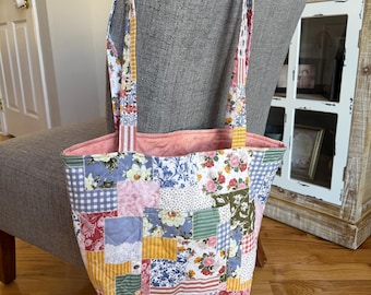 Hand Sewn Quilted Tote Bag –Fabric Shoulder Bag for Everyday Use –Reusable Market or Book Tote –Quilted Shoulder Bag -Gift for Her-Carry All