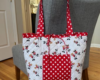 Hand Sewn Quilted Tote Bag –Fabric Mickey & Minnie Bag for Everyday Use –Reusable Market or Book Tote  -Gift for Her-Carry All Disney Bag