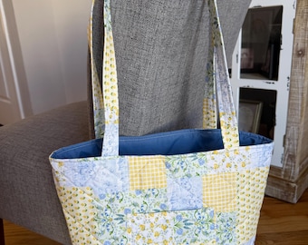 Hand Sewn Quilted Tote Bag –Fabric Shoulder Bag for Everyday Use –Reusable Market or Book Tote –Quilted Shoulder Bag -Gift for Her-Carry All
