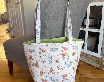 Hand Sewn Quilted Tote Bag –Fabric Shoulder Bag for Everyday Use –Winne the Pooh Reusable Market or Book Tote –Quilted Pooh & Friends Tote