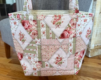 Hand Sewn Quilted Tote Bag –Fabric Shoulder Bag for Everyday Use –Reusable Market or Book Tote –Quilted Shoulder Bag -Gift for Her-Carry All