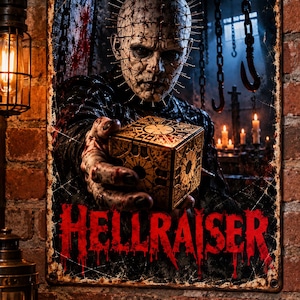 May include: A rectangular metal sign featuring a graphic of the character Pinhead from Hellraiser, who has pins in their head and is holding a golden puzzle box. The word HELLRAISER is printed in large, distressed red letters at the bottom.