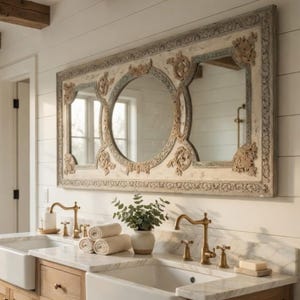 May include: Ornate, rectangular mirror with a circular and rectangular mirror section. The frame is off-white with carved details and a distressed finish. The bathroom features a double sink vanity with brass fixtures and a marble countertop.