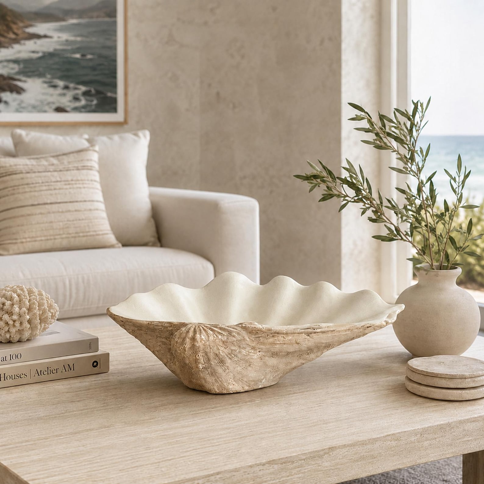 Coastal clam shell decorative bowl for a cowgirl coastal living room