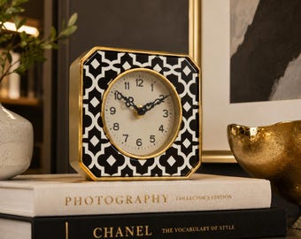 Aurelia Black & White Geometric Metal Table Clock