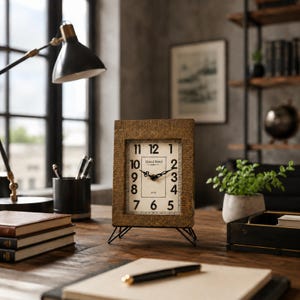 May include: A rectangular table clock with a textured brown frame and a white face featuring black Arabic numerals. The center of the clock face displays the text Grand Hotel and 1870. It stands on four thin black metal wire legs on a desk.