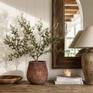 Peut inclure: Un pot en terre cuite rustique et patiné, doté d'une finition texturée et tachetée, contient une branche d'olivier verte avec de petites olives sombres. Le pot est posé sur une surface en bois à côté de deux livres, d'une bougie et d'un bol.