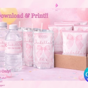 Rosa Schleifen-Geburtstags-Gastgeschenketiketten - bearbeitbare Wasserflasche, Capri-Sonne, Chip-Tasche