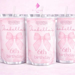 Pink Bow Capri Sun Label Template, Editable Juice Pouch Wrapper for Girls Birthday Party