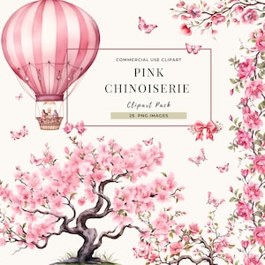 ピンクのシノワズリフローラルクリップアート エレガントな水彩画の花、蝶など、結婚式やDIYプロジェクトのための商業利用デザイン 04-mc