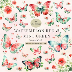Schmetterling und florale Clipart in Wassermelonenrot und Minzgrün, wunderliche Motte und Blume, geflügeltes & botanisches Design in zartem grün und rot 11-MC