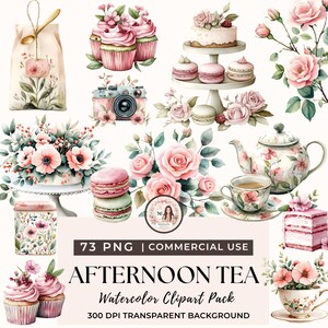 May include: A digital collection of watercolor illustrations featuring pink cupcakes, macarons, floral arrangements, a teapot, teacups, a cake stand, and a camera. The text reads 73 PNG | COMMERCIAL USE AFTERNOON TEA Watercolor Clipart Pack 300 DPI.