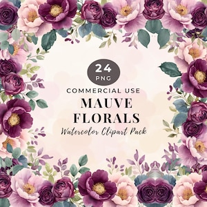 Watercolor Mauve Floral Clipart, Pale Violet and Lilac Botanical, Wedding flower Corners, Digital Download for Commercial Use Png 53-MC