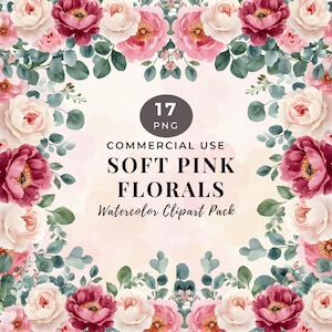 Watercolor Floral Clipart, Soft Pink Flowers, Digital Download for Crafts, High-Quality PNG, Perfect for Weddings, Commercial Use 59-MC