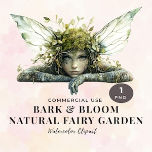 May include: Watercolor clipart of a fairy with green skin, adorned with leaves and flowers. The fairy has large, delicate wings and is set against a soft pink background. Text reads "BARK & BLOOM NATURAL FAIRY GARDEN Watercolor Clipart."