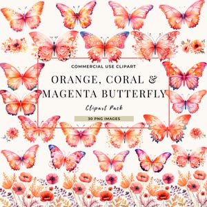 Clipart aquarelle papillon fantaisiste ORANGE, CORAL ET MAGENTA, pack floral vintage png 08-mc