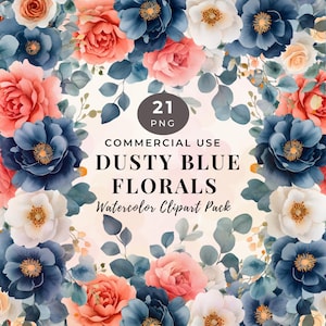 Watercolor Dusty Blue Floral Clipart, Wedding Graphics, Blue Floral Border Arrangements, Instant Download PNG, Commercial Use 64-MC
