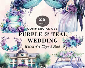 Lila & blaugrüne Hochzeit PNG Clipart auf transparentem Hintergrund, lila Aquarell Ehepaar Blumensträuße für kleine kommerzielle Nutzung 23-MC