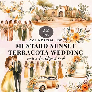 Clipart de acuarela de boda, color mostaza, atardecer, terracota, cronología de la boda de los novios, invitación DIY, descarga digital PNG 17-MC