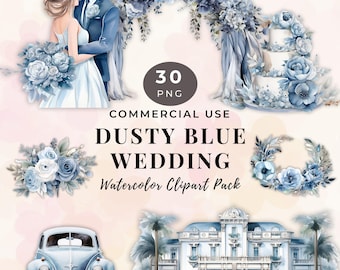 Dusty Blue Watercolor Wedding Clipart: Bride & Groom, Floral PNG (Digital Download, Commercial Use)