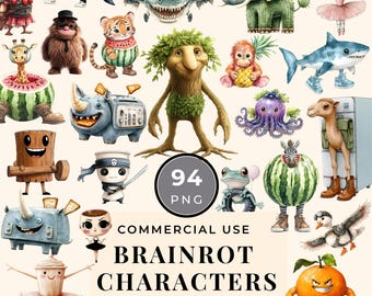 Brainrot Characters Watercolor PNGs, Clipart Bundle for Instant Download 89-MC