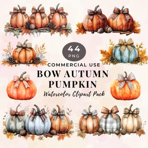 Watercolor Autumn Bow Pumpkins, Fall Pumpkins Clipart PNG, Thanksgiving Art, Halloween Rustic Cute, Fall Pack Instant Digital Download 40-MC