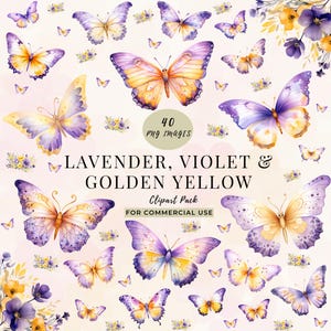 Clipart papillon élégant lavande, violet et jaune doré, papillon pastel fantaisiste tons doux de lavande, violet et jaune 12-MC