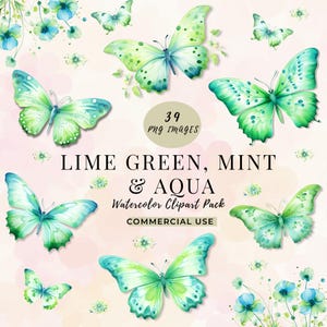 Elegante clip art a forma di farfalla acquerellata, diario di farfalle, verde lime floreale botanico, menta e blu acqua per album o planner 15-MC