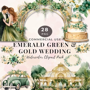 Emerald Green & Gold akwarela ślub clipart, Sage timeline wedding, zaproszenie ślubne, Małżeństwo, Boho png Minimalistyczny projekt 20-MC