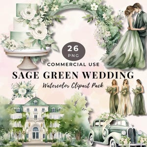 Puede incluir: Paquete de imágenes prediseñadas de acuarela con temática de boda verde salvia. La imagen incluye una tarta de tres pisos, un arco floral, una pareja de novios, damas de honor, un coche antiguo y un edificio señorial. El texto dice "Sage Green Wedding Watercolor Clipart Pack".