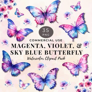 Clipart de borboleta em aquarela com fundo transparente, clipart de jardim de primavera, download instantâneo floral magenta, violeta e azul celeste 29-MC