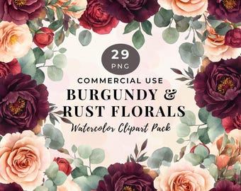 Burgundy & Rust Watercolor Floral Clipart, Boho Autumn Flowers Wedding Invitations Digital Download PNG, Commercial Use 61MC