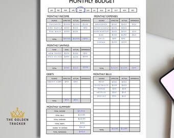 May include: A white monthly budget planner titled "MONTHLY BUDGET" with sections for income, expenses, savings, debts, and bills. The planner includes the text "THE GOLDEN TRACKER".