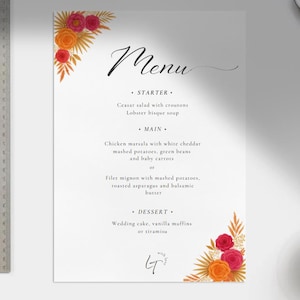 Menú de boda digital Boho Chic • Archivo Canva personalizable • Flores y rosas secas
