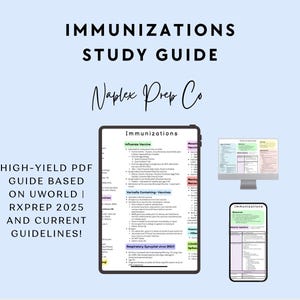 Op de afbeelding: Een digitale studiehandleiding voor vaccinaties, weergegeven op een tablet, computermonitor en smartphone. De handleiding bevat informatie over verschillende vaccins en is gebaseerd op de richtlijnen van UWorld en RxPrep 2025. Tekst op de afbeelding luidt: STUDIEGIDS VACCINATIES.
