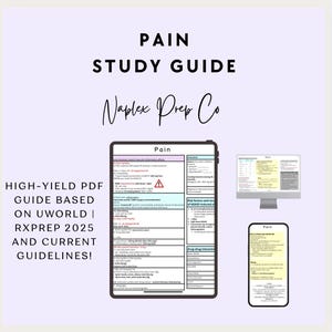 Könnte beinhalten: Ein digitales Lernhandbuch mit dem Titel "PAIN STUDY GUIDE" mit dem Text "Naplex Prep Co." Das Handbuch basiert auf den Richtlinien von UWorld und RxPrep 2025. Das Bild zeigt ein Tablet, einen Computermonitor und ein Smartphone, die das Handbuch anzeigen.