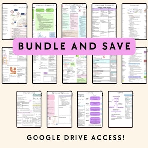 May include: A collection of digital medical study guides displayed on tablets. The guides cover topics such as HIV, infectious diseases, oncology, and biostatistics. The text "BUNDLE AND SAVE" is displayed across the center, with "GOOGLE DRIVE ACCESS!" at the bottom.