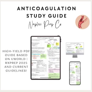 Könnte beinhalten: Ein "Antikoagulation"-Leitfaden von Naplex Prep Co. Das Bild zeigt ein Tablet, einen Computermonitor und ein Smartphone, die den Leitfaden anzeigen. Der Text lautet: "High-Yield PDF Guide Based on UWorld | RxPrep 2025 and Current Guidelines!"