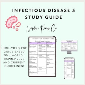 Könnte beinhalten: Ein digitaler Studienführer für Infektionskrankheit 3, mit einem Tablet, einem Computermonitor und einem Smartphone, die Lernmaterialien anzeigen. Der Leitfaden basiert auf den Richtlinien von UWorld und RxPrep 2025, mit dem Text "Infectious Disease 3 Study Guide".